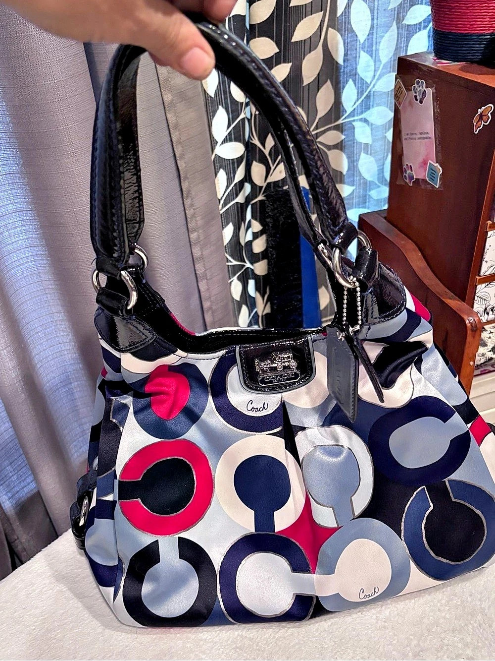 Coach Poppy Multi Color Optic C Signature Hobo Bag Blue & Red with matching wall